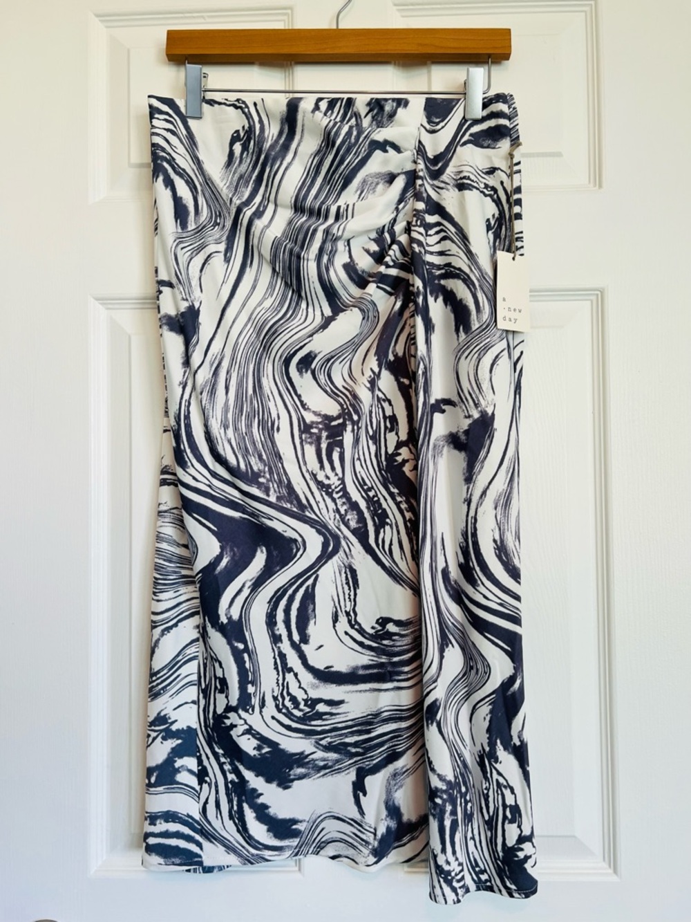 A New Day Marble-Print Midi Skirt in White & Blue with Front Slit